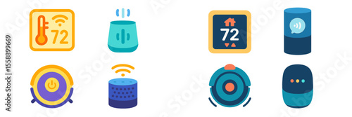 Smart home devices display various functionalities for temperature control and sound interactions in a modern living environment
