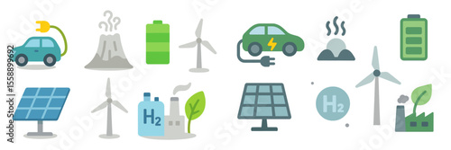 Green energy icons showcasing renewable sources and sustainable technologies in a modern design