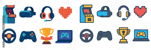 Colorful gaming icons depicting various gaming equipment and symbols for virtual entertainment and competitions