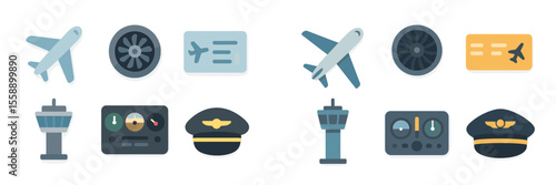 Icons representing various aspects of air travel including planes, airport elements, and pilot gear