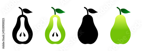 Vector pear icon set in natural gradient and black colors, whole and cut half designs
