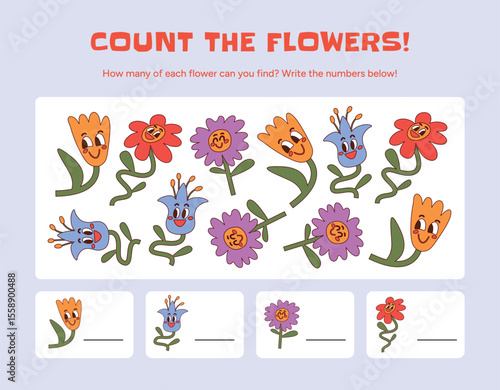 Flower counting game for kids with smiling cartoon Flowers in orange red purple blue colors. Educational worksheet to count each type and write numbers. Flat vector illustration for children activity