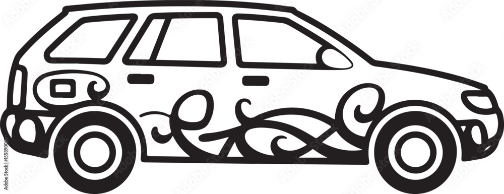 Naklejka premium Decorated Van Sketch Travel Art Minimalist Swirl Design Custom Vehicle Illustration