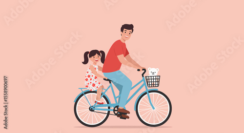 A father rides a blue bicycle with his daughter a teddy bear in the front basket