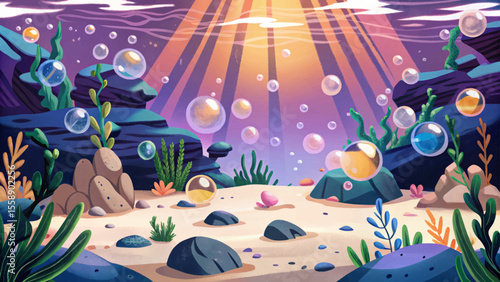 serene underwater scene featuring soft light beams and floating bubbles cartoon vector perfect for backgrounds, aquatic themes, meditation visuals, or marine design elements