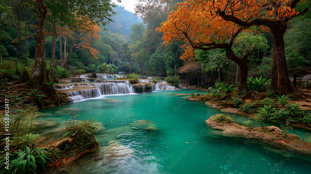Fototapeta premium Big river clear water and mini waterfall autumn.