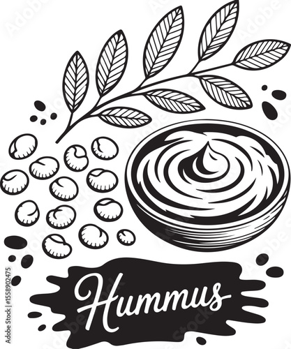 Hummus with Chickpeas Sketch Cuisine Art Minimalist Dip Design Healthy Snack Illustration