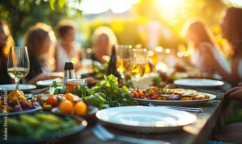 A group of people are sitting around a table with a variety of food and drinks
