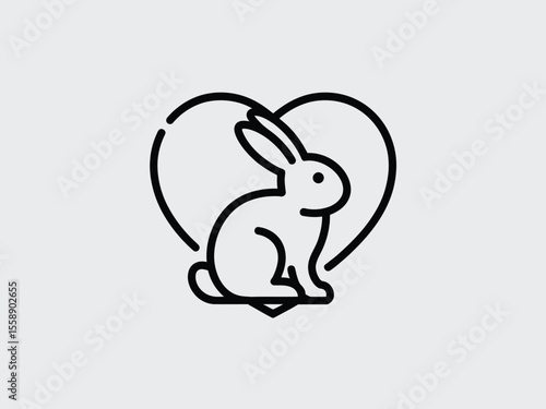 Black outline rabbit inside heart shape on light gray background
