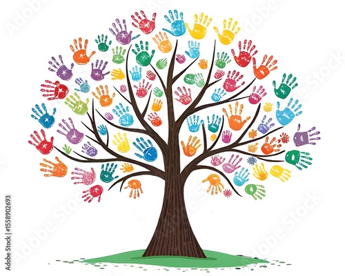 a colorful tree made of hand prints on white background