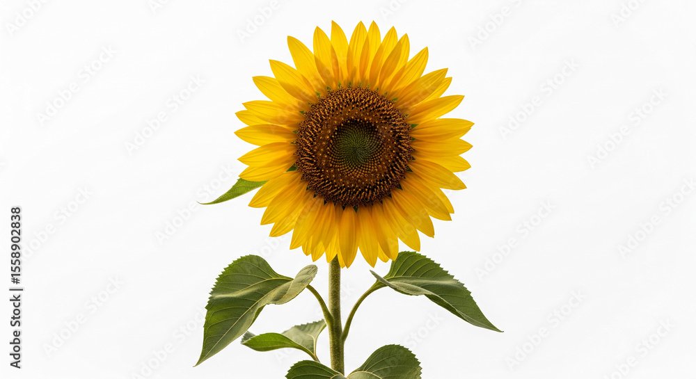 Obraz premium Single yellow sunflower isolated on white background, showcasing vibrant petals and brown center, symbolizing summer, happiness, and nature's beauty