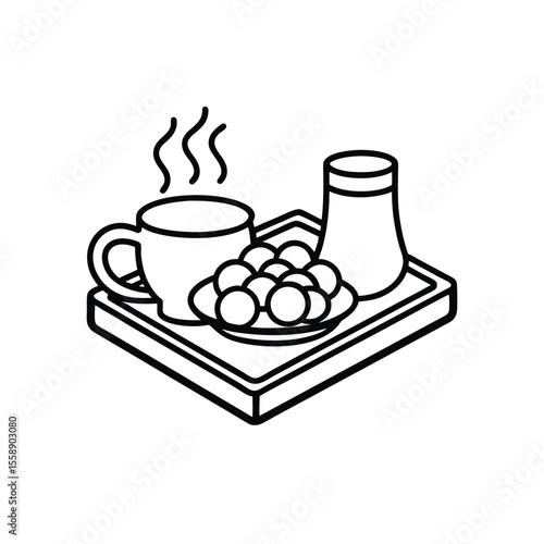 Simple line art illustration of a hot beverage with pastries and milk on a tray.