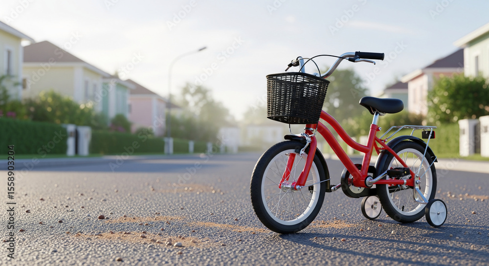 Obraz premium Red child's bicycle with training wheels, parked on a residential street, showcasing a carefree childhood theme