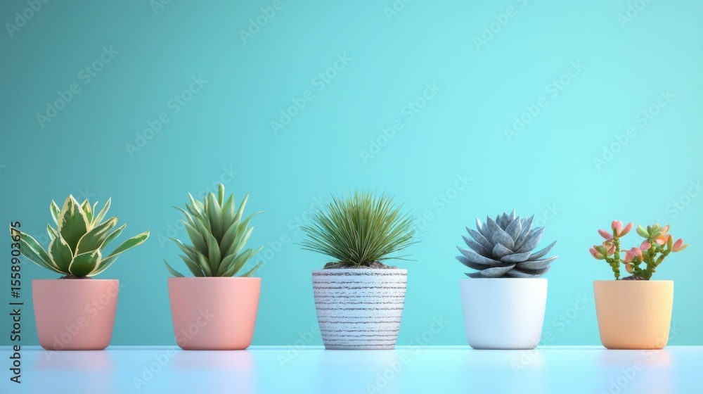 Fototapeta premium Five potted succulents in a row on a blue table against a turquoise background.