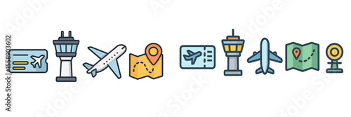 Travel and airport icons representing various aspects of flying and navigation around the world