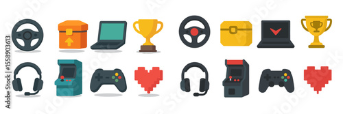 Colorful gaming icons represent various aspects of video gaming culture in a fun and modern style
