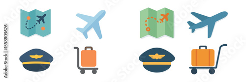 Travel icons representing flight and navigation in a minimalist design with maps and luggage