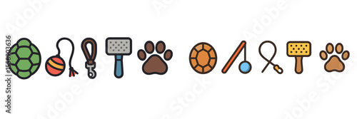 Collection of pet icons representing various animals and accessories for pet care and playtime activities