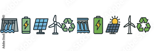 Renewable energy icons showcasing wind, solar, hydro power, and battery technologies in a clean, sustainable context