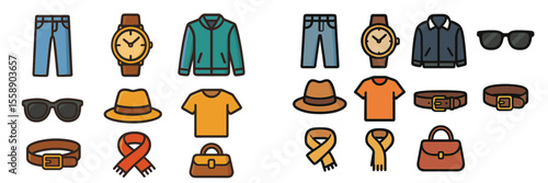 Fashion accessories and clothing items displayed in a neat arrangement on a minimalist background