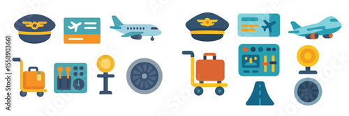 Colorful aviation-themed illustrations depicting airline pilot, flight tickets, and luggage in a dynamic travel setting