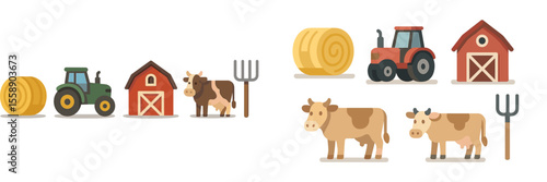 Farm animals and machinery create a lively rural landscape with barns and hay bales during the bright daytime
