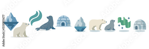 Polar wildlife and icy landscapes in a winter wonderland featuring seals and bears
