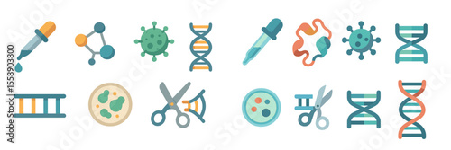 Colorful scientific icons representing biotechnology, genetics, and microbiology research activities in an abstract style
