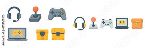 Gaming accessories and equipment displayed on a white background showcasing various gaming styles and gear