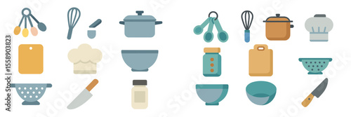 Collection of kitchen utensils and equipment displayed for culinary preparation and cooking activities