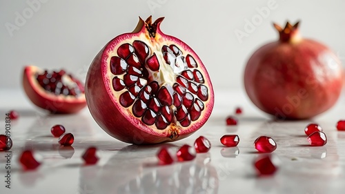 pomegranate red seeds bursting open on clean white background isolated stock photo