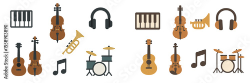 Musical instruments and audio equipment illustrated in a colorful and modern design