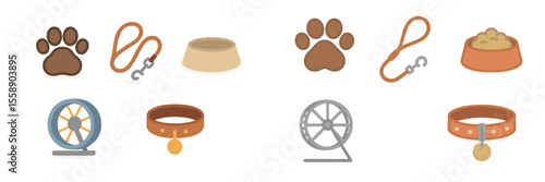 Various pet accessories and supplies displayed on a clean surface showing items for dogs and cats