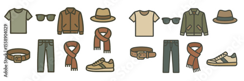 Clothing items for various seasons displayed in a stylish arrangement with accessories in a well-lit setting
