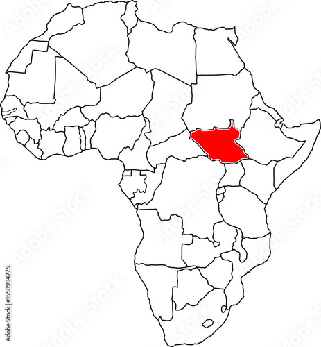 South Sudan map, map of the African continent highlighting the country of South Sudan

