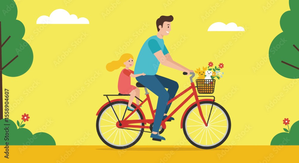 Fototapeta premium A man and a girl are riding a bicycle together in a park with trees and flowers