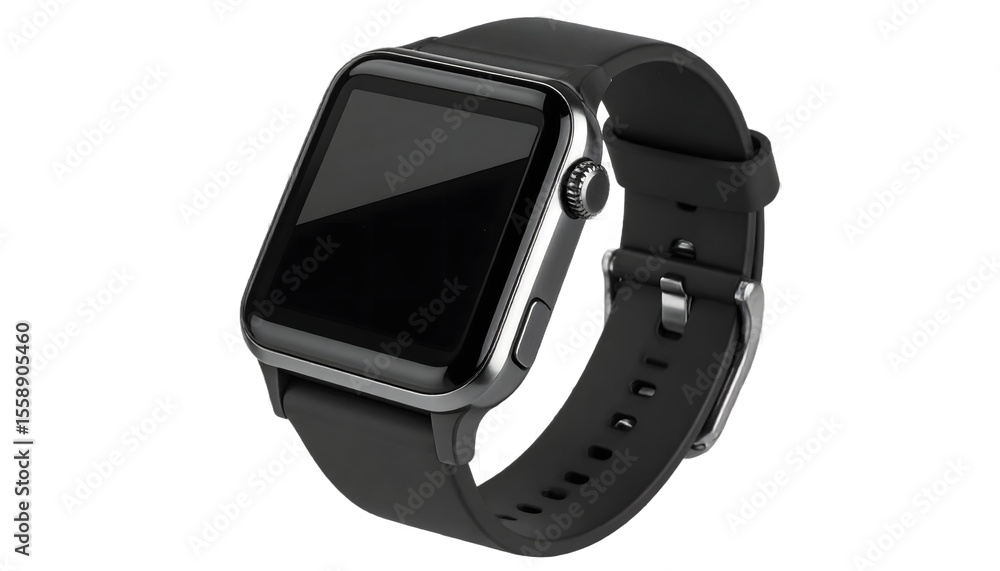 Modern smartwatch with sleek black strap against a contrasting dark backdrop Modern smartwatch with sleek black strap against a contrasting dark backdrop