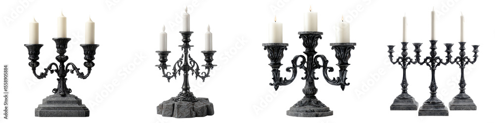 Fototapeta premium Set of ornate black candelabras with lit candles isolated on white background