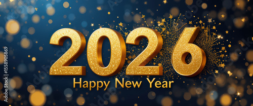 Golden 2026 Happy New Year celebration with glitter on festive dark background.