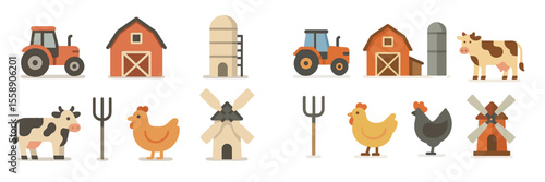Farm life elements including animals, buildings, and machinery depicted in a colorful illustration