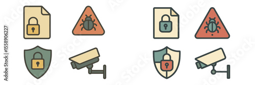 Design elements representing cybersecurity, privacy protection, and surveillance technology featuring icons of locks, shields, and cameras