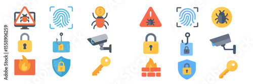 Security icons illustrating various aspects of cybersecurity and physical safety in a digital format