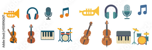 Colorful illustration of musical instruments and symbols representing various musical genres and moods