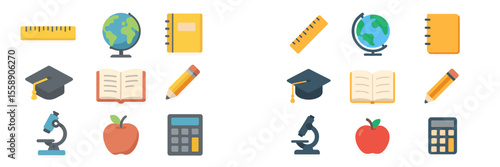 Educational icons representing various school and learning activities in a colorful and engaging design