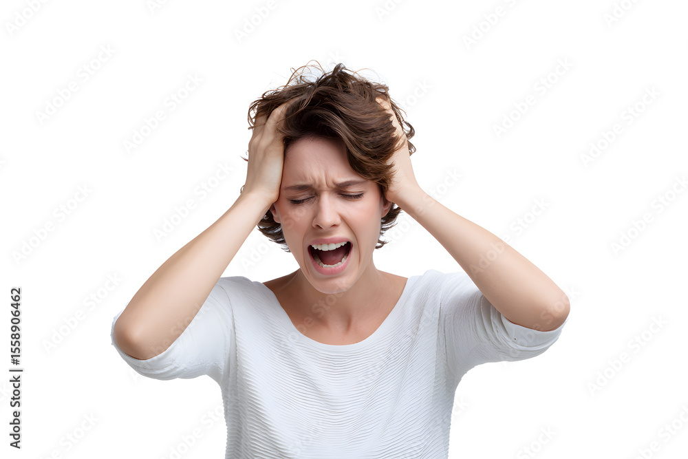 Woman reacting to mental overload and sensory overwhelm. Emotional woman covering her face with hands, conveying stress and sensory overload. Captures emotional struggle and burnout. Woman reacting to mental overload and sensory overwhelm. Emotional woman covering her face with hands, conveying stress and sensory overload. Captures emotional struggle and burnout.