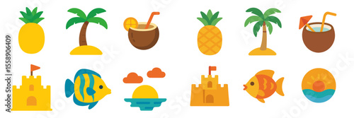 Tropical beach elements including fruits, drinks, and marine life designed in a colorful and playful style