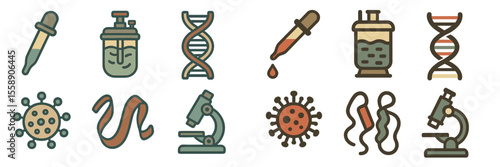 Scientific tools and symbols in a colorful layout representing biology and research activities