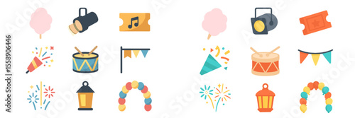 Colorful festival decorations and treats featuring cotton candy, drums, and festive lights celebrating community spirit in a joyful atmosphere