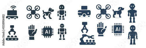 Icons representing technology and robotics in various applications and settings suitable for digital and educational use