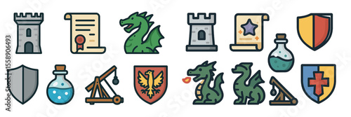 Fantasy elements featuring dragons, towers, and magical artifacts in a colorful illustration